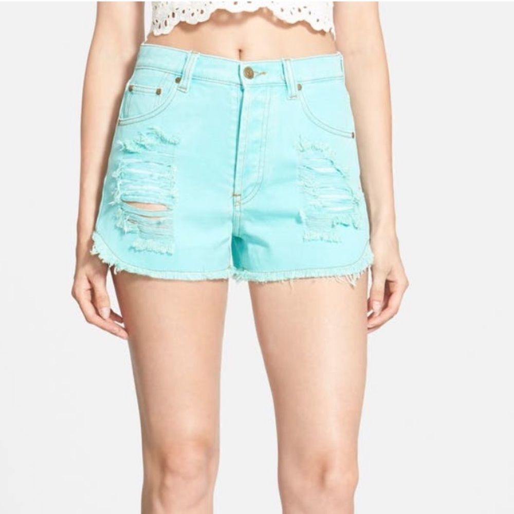 Minkpink aqua distressed shorts small